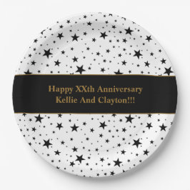 Prato De Papel Estrelas Brancas/Pretas Personalizadas com Anivers