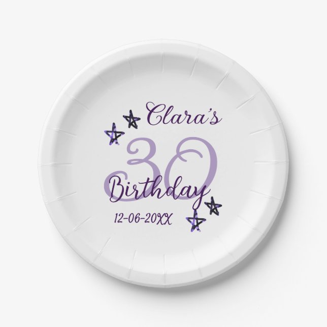 Prato De Papel Estrelas brilhantes roxas retro moderno aniversári (Frente)