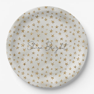 Prato De Papel Estrelas de brilho Dourado branco da Pérola