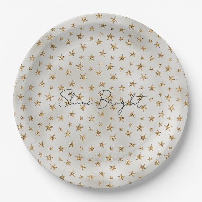 Prato De Papel Estrelas de brilho Dourado branco da Pérola (Frente)