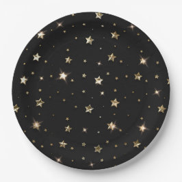 Prato De Papel Estrelas de Natal Pretas e Douradas de Faux Metal