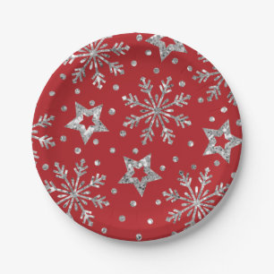 Prato De Papel Estrelas de relva de prata e flocos de neve