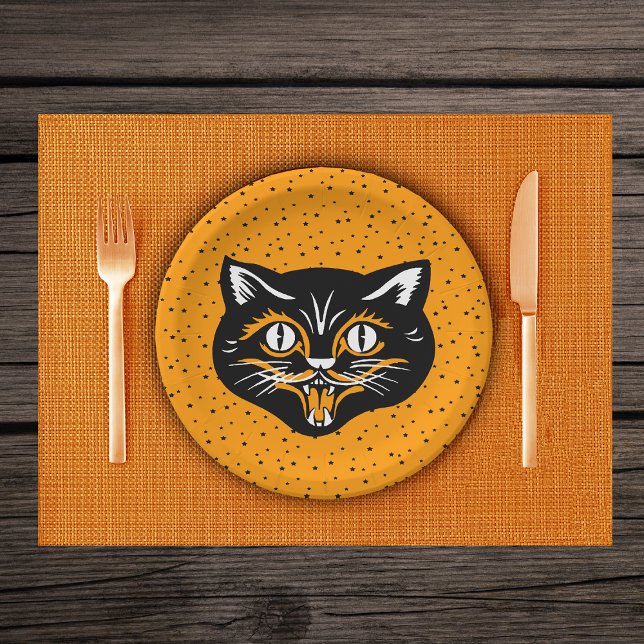 Prato De Papel Estrelas de rosto de gato de Dia das Bruxas de Neg (Smiling Vintage black cat face with black stars on vibrant orange party paper plates.)