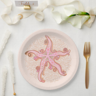 Prato De Papel Estrelas-do-mar e Coral Padrão Pastel Rosa