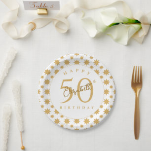 Prato De Papel Estrelas Douradas Aniversário de 50 anos Nome Pers