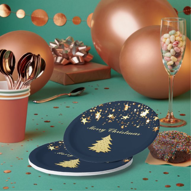 Prato De Papel Estrelas Douradas de Natal e Árvore com Enfeites,  (Múltiplo)
