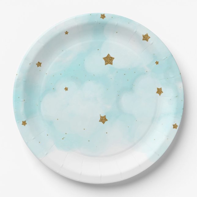 Prato De Papel Estrelas Douradas e Nuvens de Céu Azul Festa de Ch (Frente)