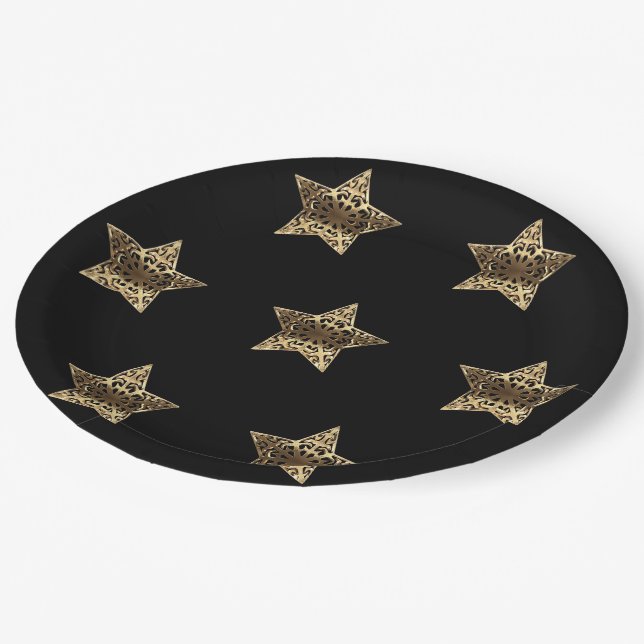 Prato De Papel Estrelas Douradas Preto e Dourado Festivo Elegante (Inclinado)