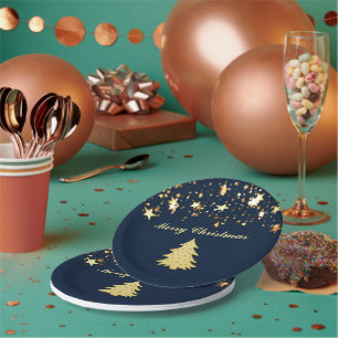 Prato De Papel Estrelas Dourados, Baubles, árvore e mensagem do