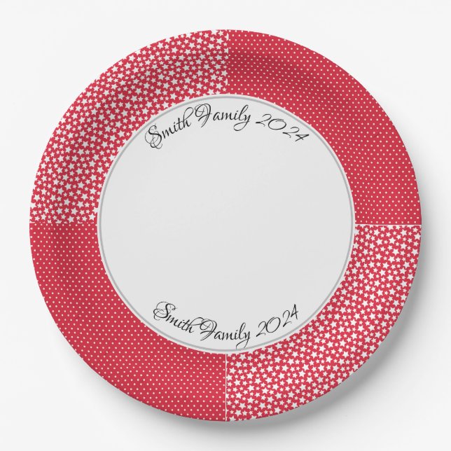 Prato De Papel Estrelas e pontos vermelhos Natal Personalizados (Frente)
