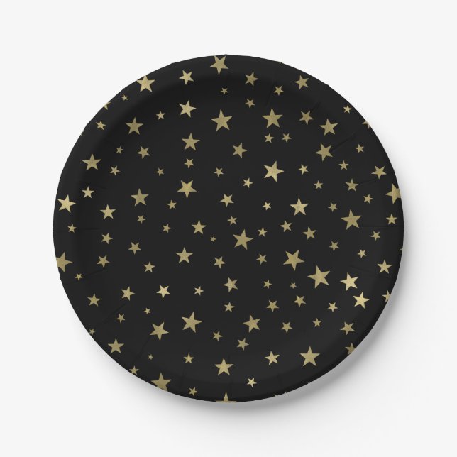 Prato De Papel Estrelas Pretas e Douradas Festa Noturna Celestial (Frente)