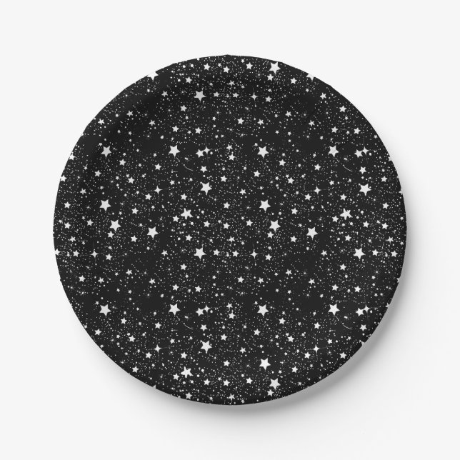 Prato De Papel Estrelas preto e branco dispersadas (Frente)