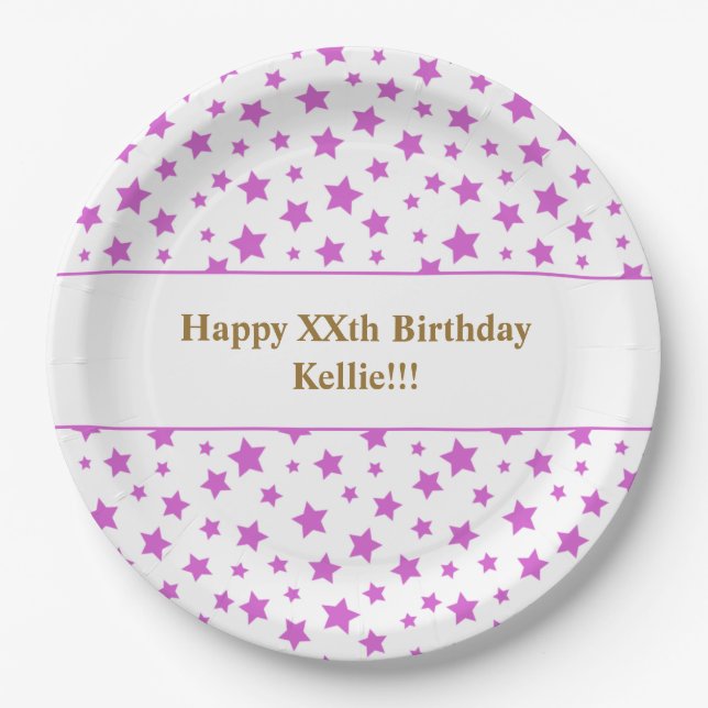 Prato De Papel Estrelas Rosa Personalizadas com Festa de aniversá (Frente)