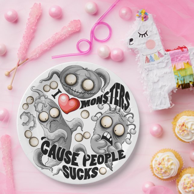 Prato De Papel Eu adoro monstros porque Pessoas são péssimas (Festa)