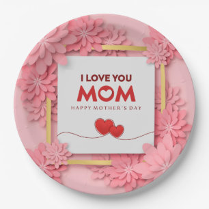Prato De Papel Eu Amo Você Mamãe Dia das Mães Floral e Dourado