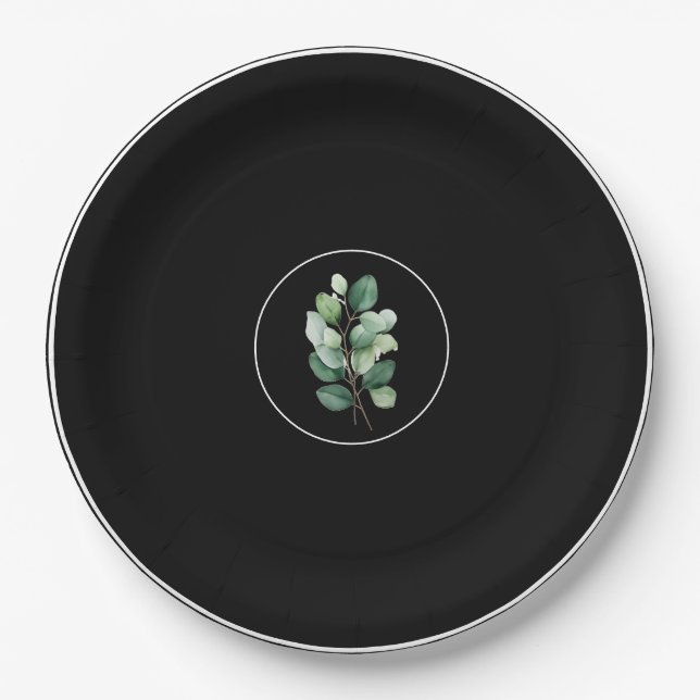 Prato De Papel  Eucalyptus Black Upscale Wedding Paper Plates (Frente)