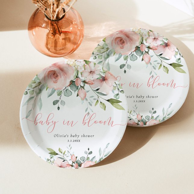 Prato De Papel Eucalyptus blush floral baby em chá de fraldas flo (Criador carregado)