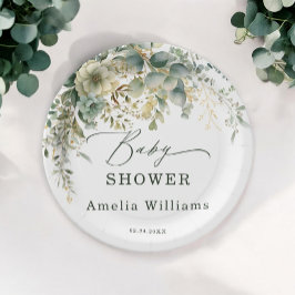 Prato De Papel Eucalyptus Flower Watercolor Verde Dourado