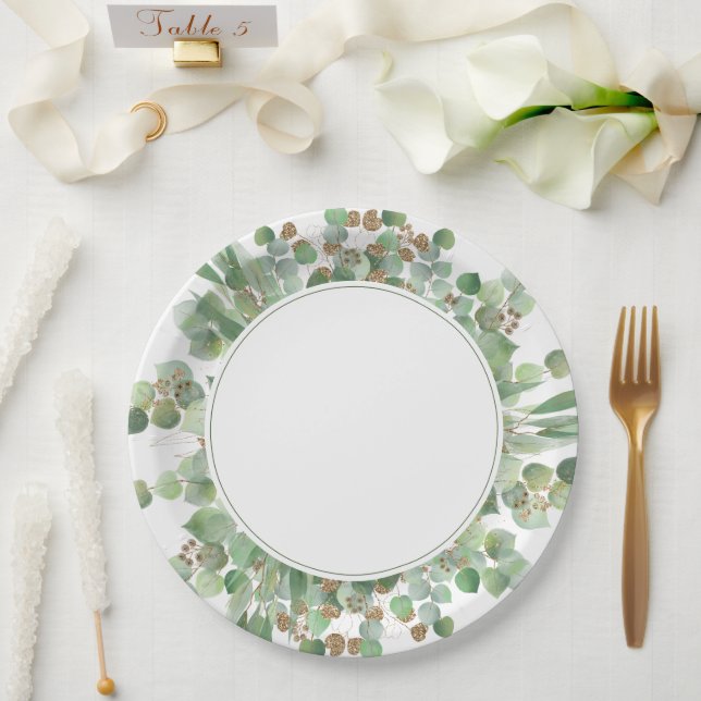 Prato De Papel Eucalyptus Leaf Dourada Glitter Greenery Casamento (Casamento)