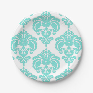 Prato De Papel Evento de Casamento Vintage com Damasco Azul Turqu