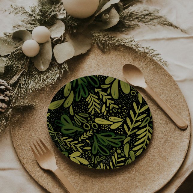 Prato De Papel Evergreen Bramble | Placas Botânicas Festivas (Deep Green Bramble | Festive botanical holiday party paper plates)