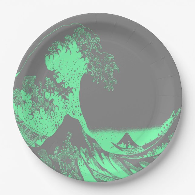 Prato De Papel Excelente Wave Seafoam Green & Cinza Paper Plates (Frente)
