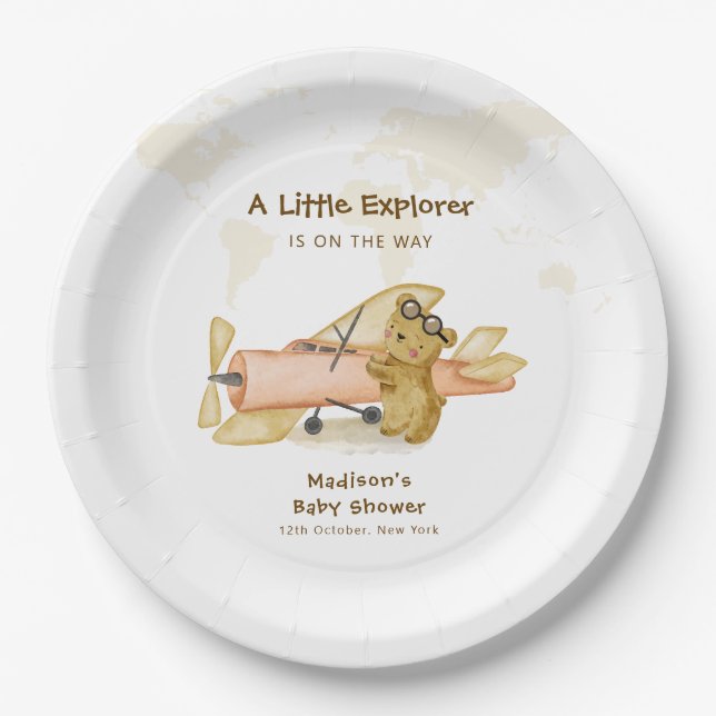 Prato De Papel Explorador de Urso Fofo Mapa Mundial Avião Chá de  (Frente)