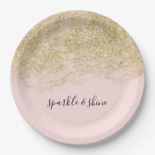 Prato De Papel Faaux Brilhante Dourado Blush Pink Sparkle