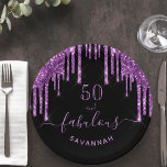 Prato De Papel Fabulous birthday black purple glitter sparkle 50<br><div class="desc">A trendy and glamorous 50th (or any age) birthday paper plate. A classic black background decorated with dark purple colored faux glitter drips, paint dripping look. With the text: 50 and fabulous. Personalize and add a name. Purple colored text. The word Fabulous is written with a modern hand lettered style...</div>