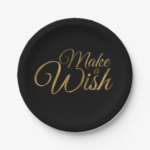 Prato De Papel Faça um desejo aniversário preto & Dourado