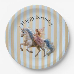 Prato De Papel Fada Elfa Cavalgando um Unicórnio Feliz Aniversári