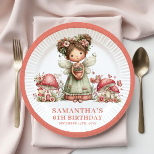Prato De Papel Fada Mágica 6º Aniversário Papel de Cogumelo Rosa