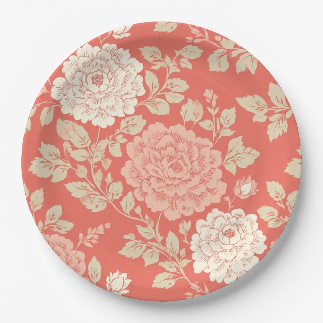 Prato De Papel Faded Red Block Print Floral (Frente)