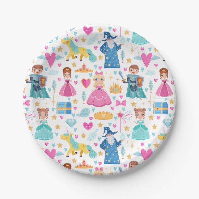 Prato De Papel Fairy Tale Princess Knight Unicorn Wizard Pattern (Frente)