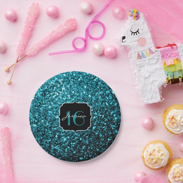 Prato De Papel Faíscas brilhantes azul-aqua brilhante Doce 16 (Festa)