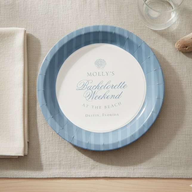 Prato De Papel Faixa Azul Costeira Solteira (Coastal Blue Stripe Bachelorette Paper Plates)