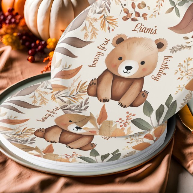 Prato De Papel Fall Baby Bear One Year Old Birday Beary First (Cute Fall baby bear first birthday party paper plates)