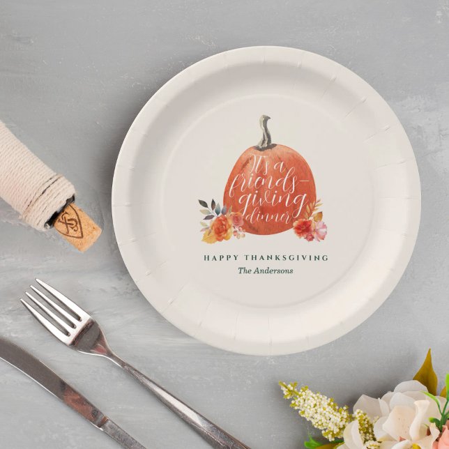 Prato De Papel Fall Floral Orange Pumpkin Friendsgiving Dinner (Criador carregado)