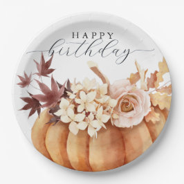 Prato De Papel Fall Floral Pumpkin Mulher Feliz Aniversário