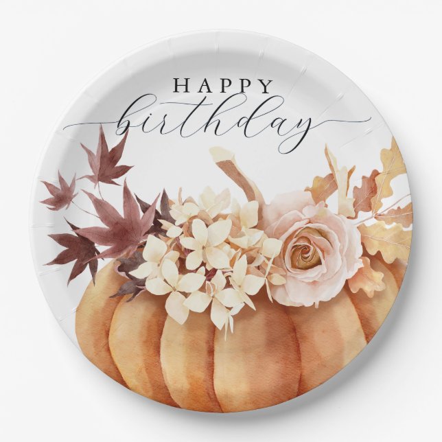 Prato De Papel Fall Floral Pumpkin Mulher Feliz Aniversário (Frente)