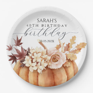 Prato De Papel Fall Floral Pumpkin Woman Birthday Brunch