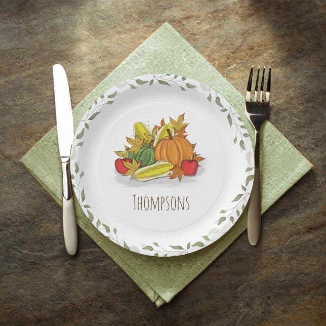Prato De Papel Fall Harvest Watercolor Elegant Personalized  (Fall Harvest Personalized Paper Plate.)