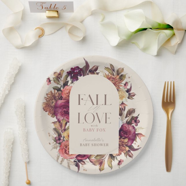 Prato De Papel Fall in Love Autumn Wreath Tan Pink Baby Shower (Casamento)