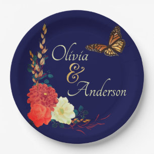 Prato De Papel Fall Monarch Borboleta Floral Marinho Azul Casamen