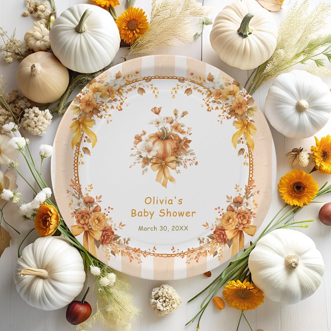 Prato De Papel Fall Pumpkin Floral Bow Baby Shower (Criador carregado)