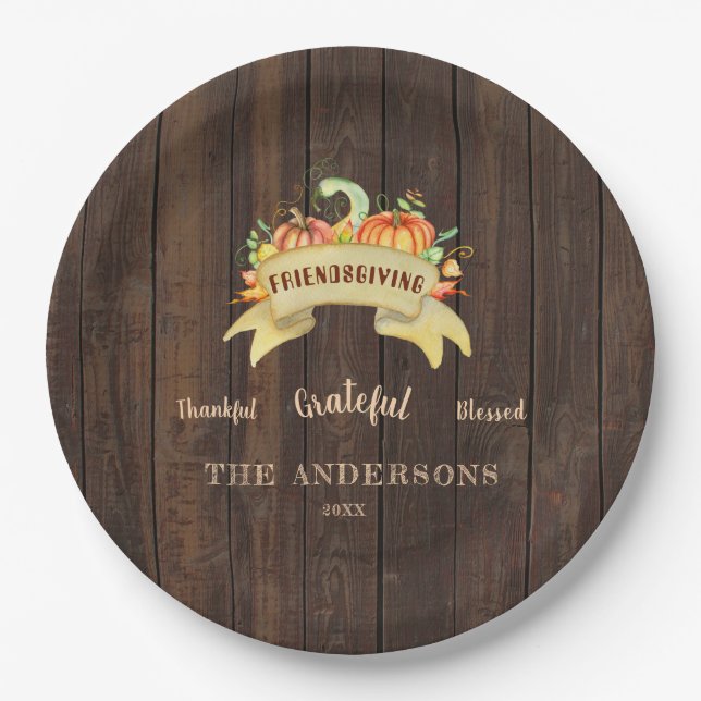 Prato De Papel Fall Pumpkins deixa madeira feliz Ação de Graças (Frente)