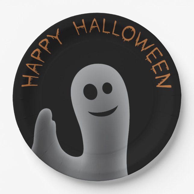 Prato De Papel Fantasma Amigável (Feliz Halloween) (Frente)