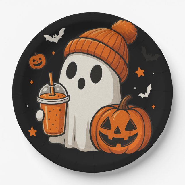 Prato De Papel Fantasma Bonita do Halloween com Abóbora e Beba (Frente)