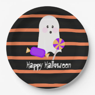 Prato De Papel Fantasma Bonito Halloween Listras Laranja e Preto