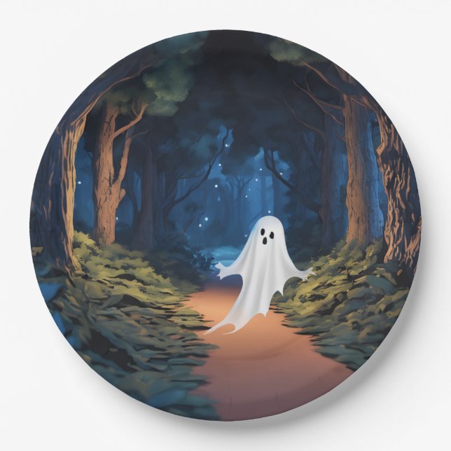 Prato De Papel Fantasma Branco de Halloween na Floresta (Frente)
